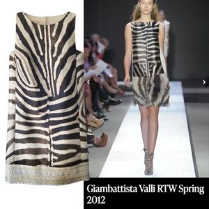 GIAMBATTISTA VALLI Brown Zebra Gold Brocade Sleeveless Shift Taffeta Dress 40/XS